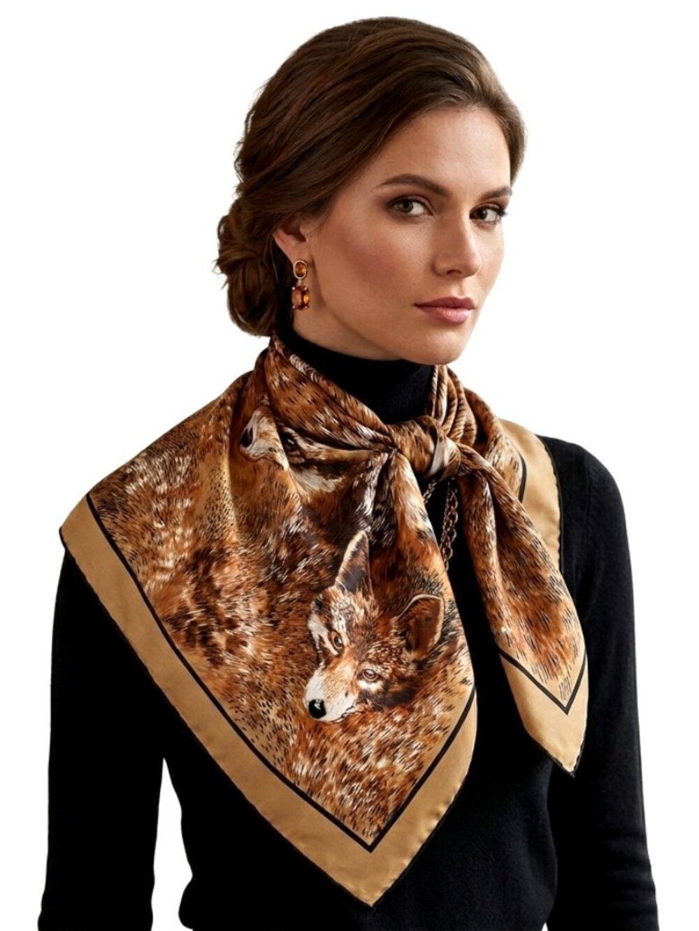Vintage Lucienne Paris 100% Silk Fox Print Square Scarf 33.5" Made in France